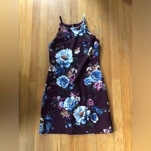 IZ Byer Women’s small purple floral scalloped halter top short formal dress